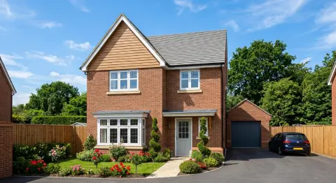 A modern two-storey new build detached house in the West Midlands with a red brick exterior, timber gable cladding, a multi-pane bay window, a manicured front garden, a private tarmac driveway, and a detached single garage.