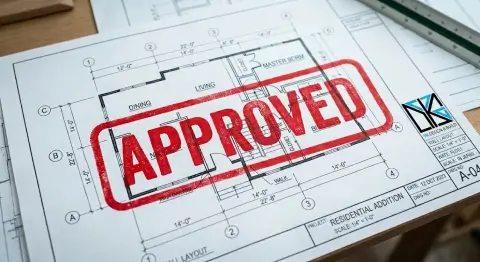 Architectural blueprint for a residential addition project, featuring a floor plan layout with labeled rooms like the living area, dining area, and master bedroom. A large, prominent red stamp reading "APPROVED" in bold capital letters is stamped diagonally across the center of the plan.