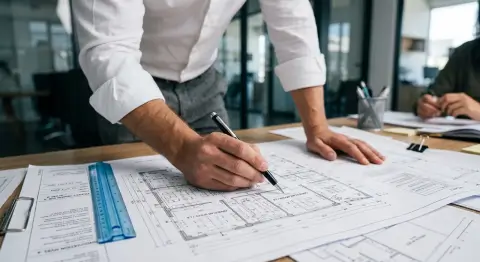 A close-up of a planning consultant or architect leaning over a wooden office desk, using a pen to point at a floor plan blueprint during a pre-application advice consultation in Birmingham, West Midlands.