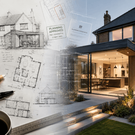 Architectural design process showing house extension plans, planning permission drawings and a completed modern home extension transformation.