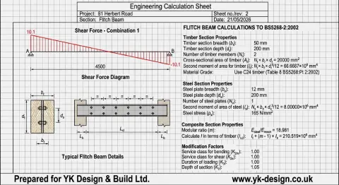 An engineering calculation sheet for a flitch beam design, featuring a shear force diagram, technical cross-section diagrams, and structural properties for timber and steel components.