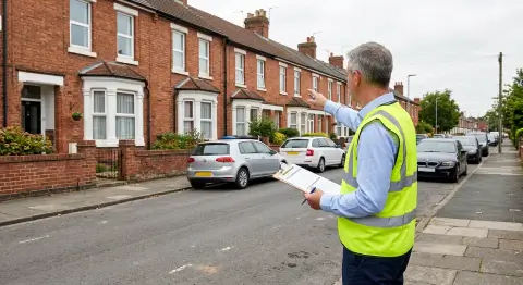 A surveyor in a high-visibility vest standing on a street sidewalk, holding a clipboard and pointing toward a row of red brick terraced houses.